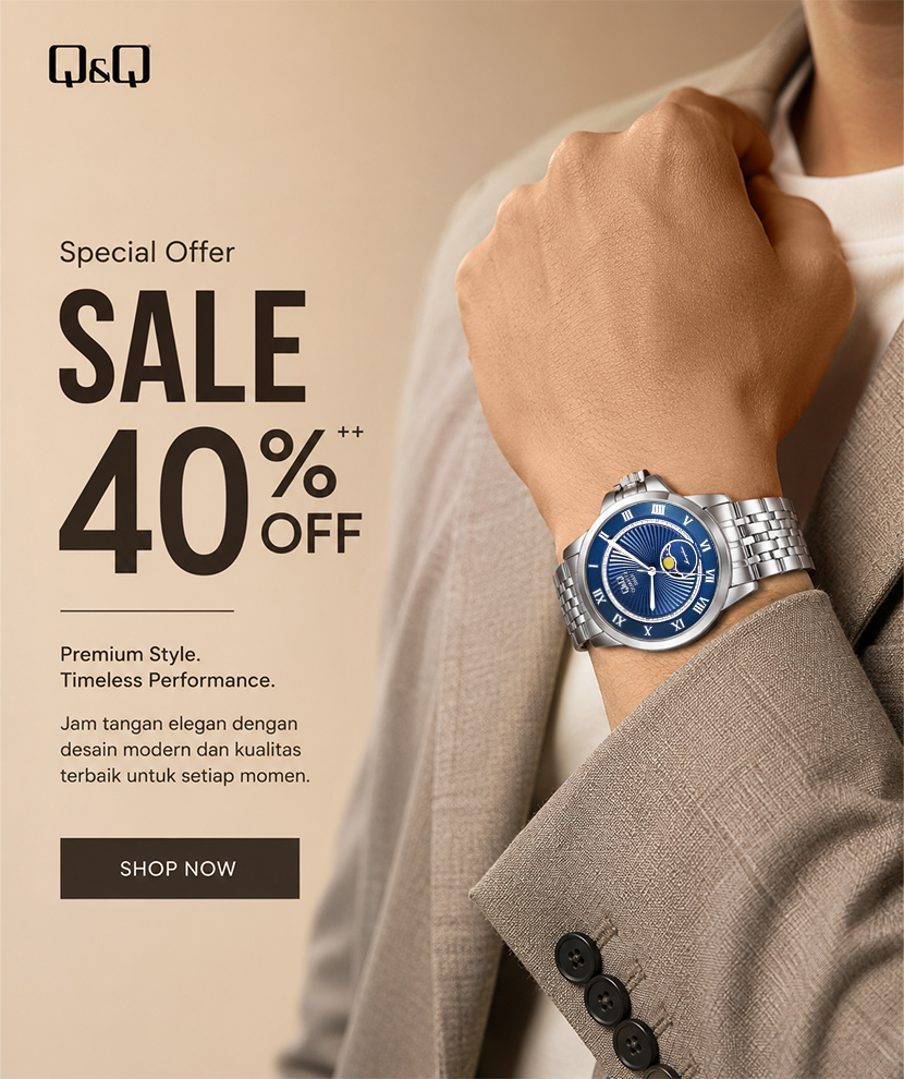 Banner promo jam tangan Q&Q original diskon hingga 40%+